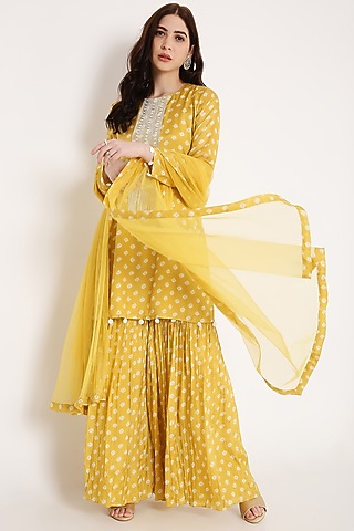 Mustard Muslin Sharara Set by Bha-sha