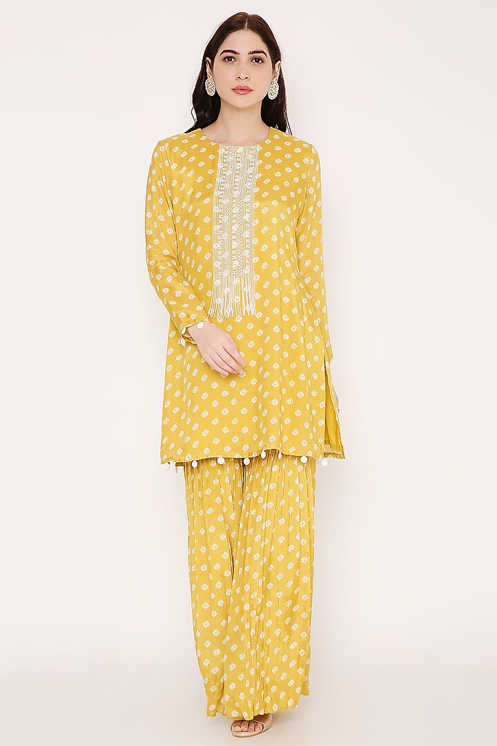 Mustard Muslin Party Wear Sharara Set by Bha-sha at Pernia's Pop Up Shop