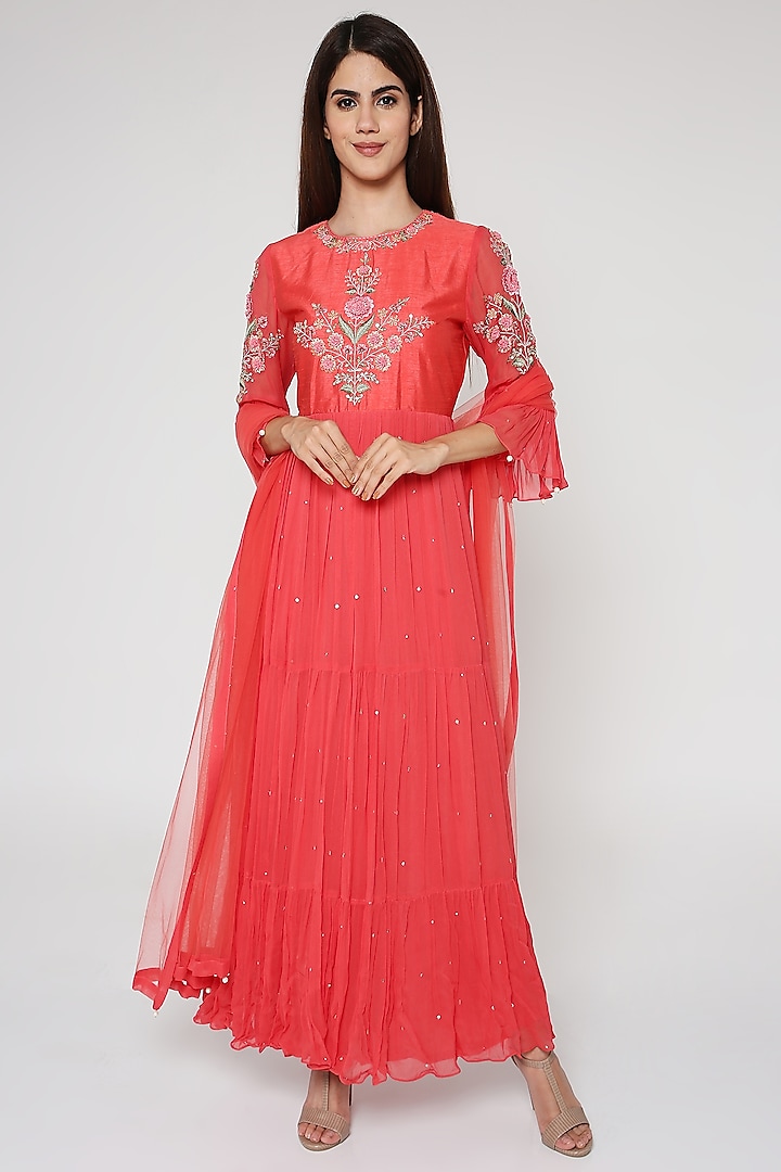 Coral Embroidered Anarkali Set by Bha-sha at Pernia's Pop Up Shop