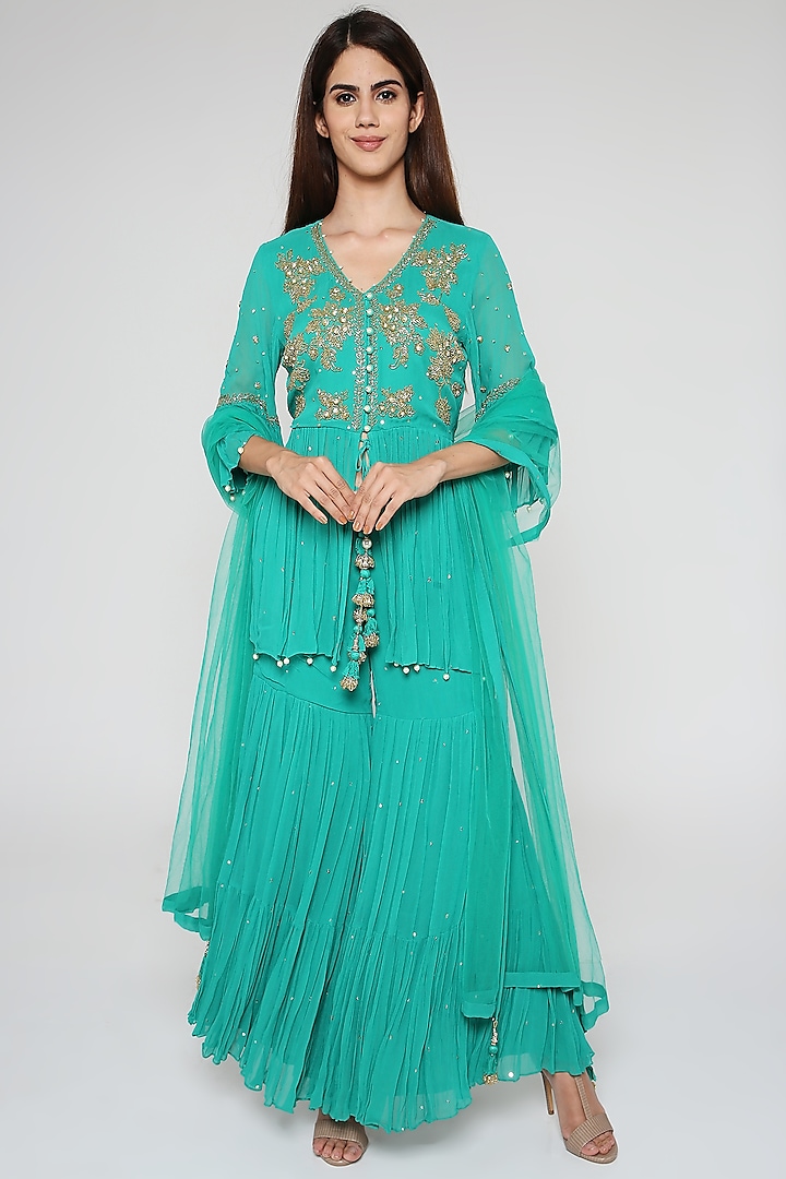 Sea Green Embroidered Sharara Set by Bha-sha at Pernia's Pop Up Shop