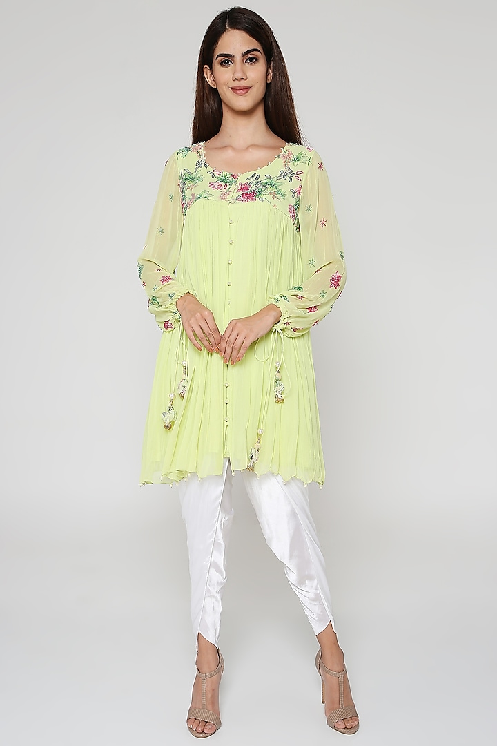 Lime Green Embroidered Tunic Set by Bha-sha