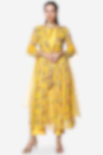 Yellow Chanderi Kurta Set With Jacket  by Bha-sha