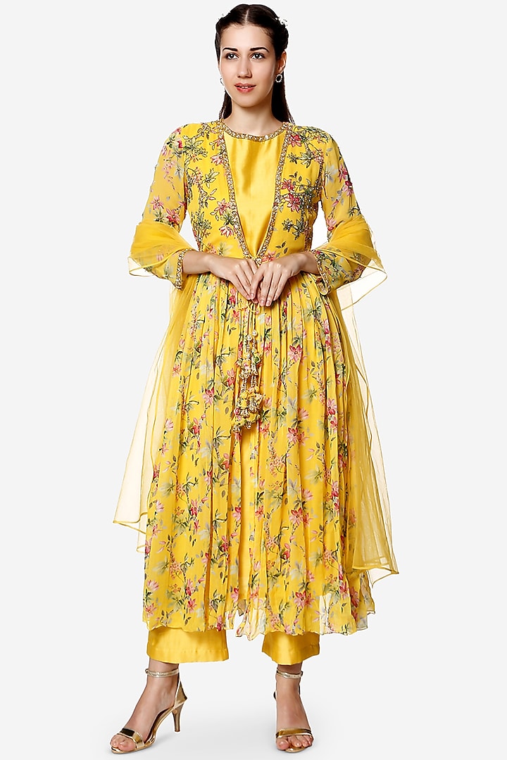 Yellow Chanderi Kurta Set With Jacket  by Bha-sha