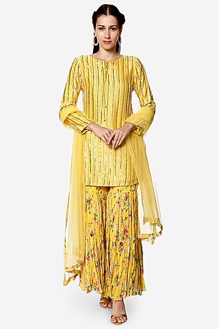Yellow Printed Sharara Set by Bha-sha