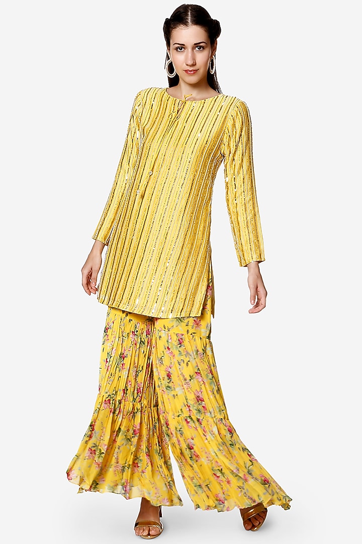 Yellow Printed Party Wear Sharara Set by Bha-sha at Pernia's Pop Up Shop