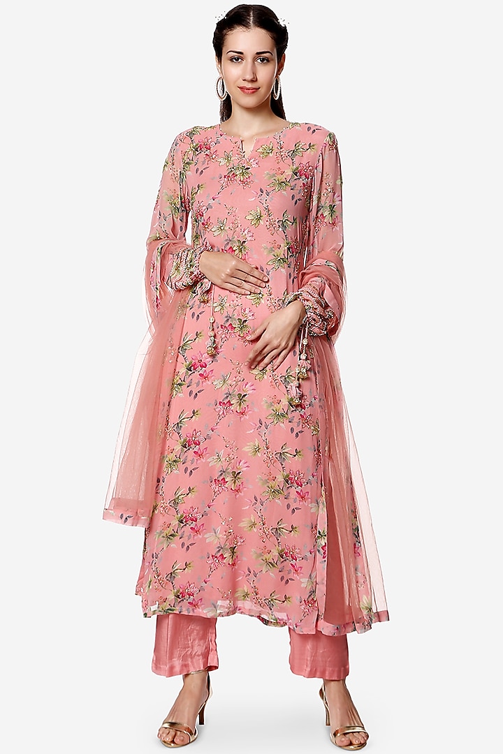 Rose Pink Printed & Embroidered Kurta Set by Bha-sha