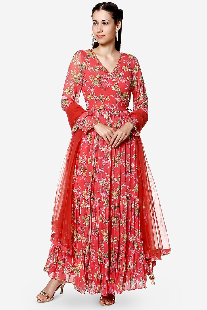 Coral Printed & Embroidered Anarkali Set by Bha-sha