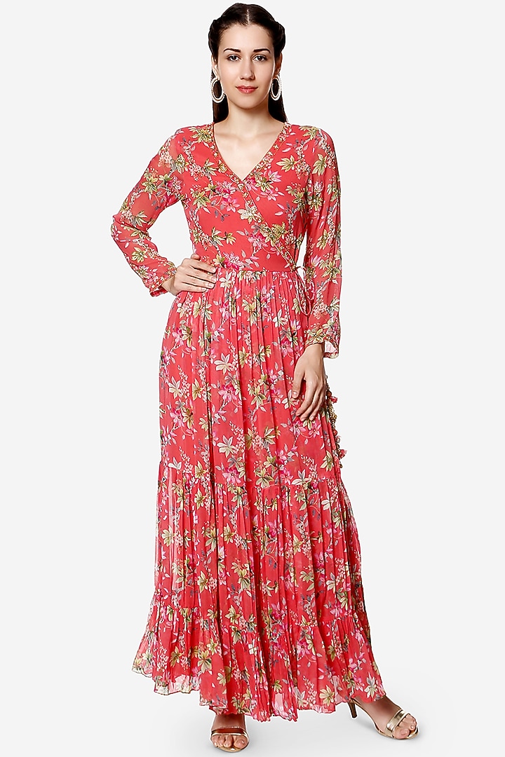 Coral Printed & Embroidered Party Wear Anarkali Set by Bha-sha at Pernia's Pop Up Shop
