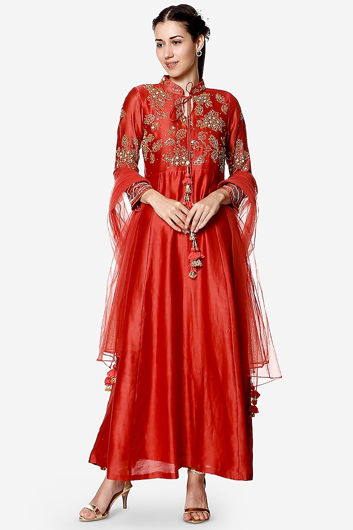 Coral Hand Embroidered Anarkali Set by Bha-sha