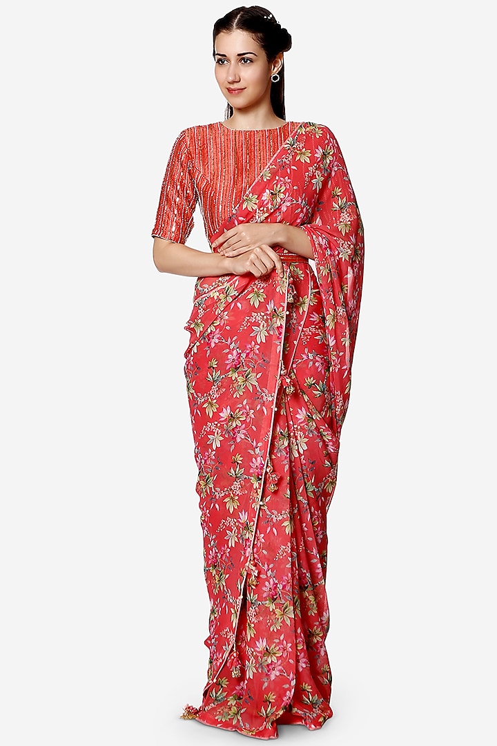 Coral Georgette Floral Printed Saree Set by Bha-sha