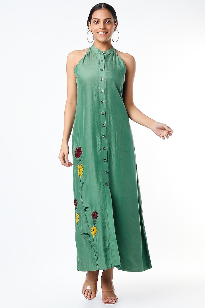 Marine Green Hand Embroidered A-Line Dress by Bhusattva