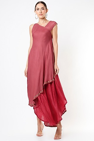 Bright Maroon Hand Embroidered Flared Dress by Bhusattva