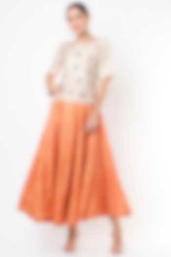 Light Orange Hand Embroidered Flared Skirt Set by Bhusattva