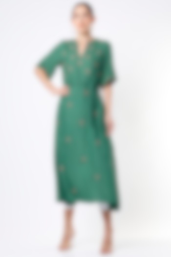 Dull Teal Hand Embroidered Asymmetrical Vacation Dress by Bhusattva at Pernia's Pop Up Shop