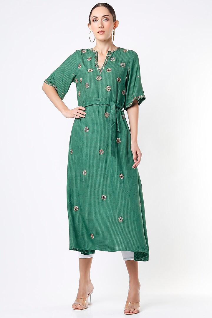 Dull Teal Hand Embroidered Asymmetrical Vacation Dress by Bhusattva at Pernia's Pop Up Shop