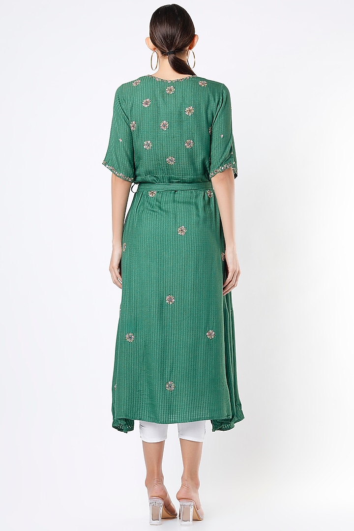 Dull Teal Hand Embroidered Asymmetrical Vacation Dress by Bhusattva at Pernia's Pop Up Shop