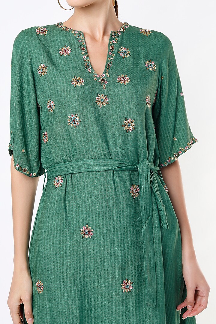 Dull Teal Hand Embroidered Asymmetrical Vacation Dress by Bhusattva at Pernia's Pop Up Shop