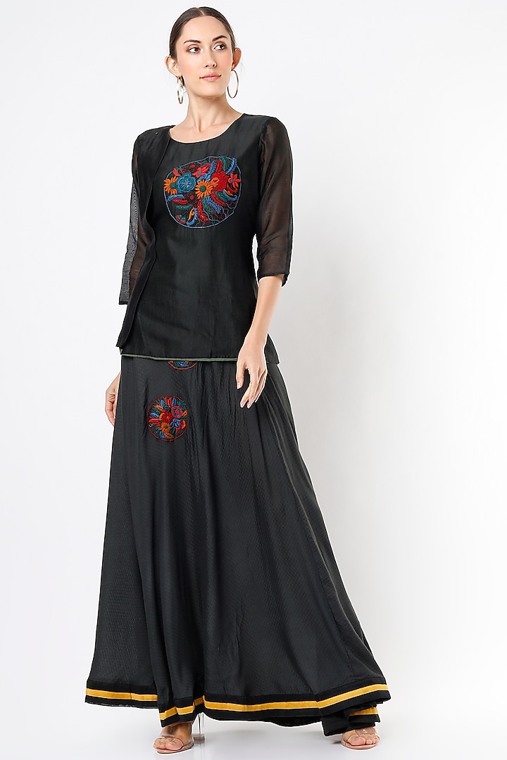 Black Hand Embroidered Flared Skirt Set by Bhusattva