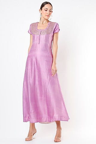 Pale Plum Hand Embroidered A-Line Kurta Dress by Bhusattva