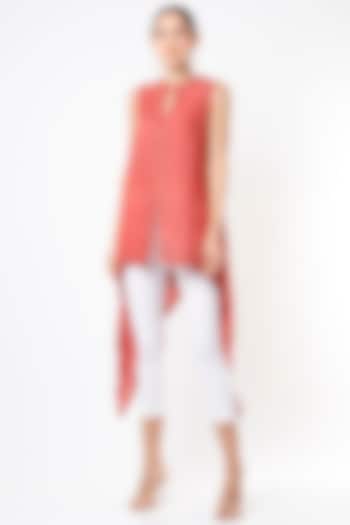 Light Coral Hand Embroidered Asymmetrical Cape Top by Bhusattva at Pernia's Pop Up Shop