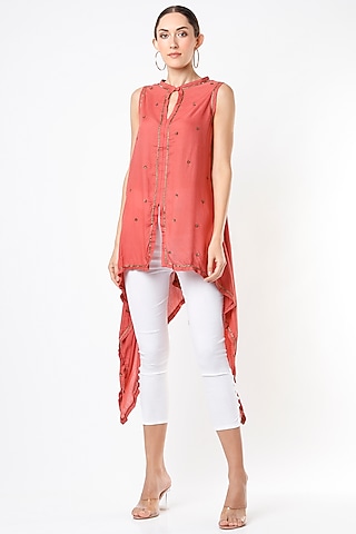 Light Coral Hand Embroidered Asymmetrical Cape Top by Bhusattva