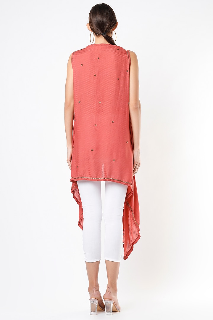 Light Coral Hand Embroidered Asymmetrical Cape Top by Bhusattva at Pernia's Pop Up Shop