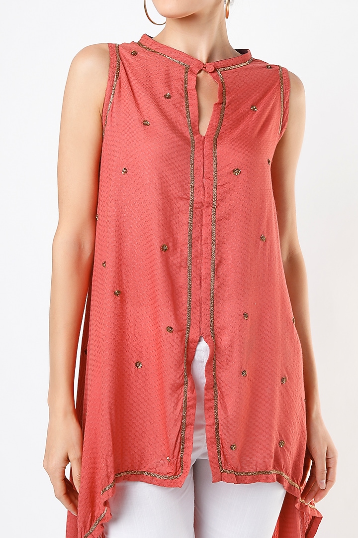 Light Coral Hand Embroidered Asymmetrical Cape Top by Bhusattva at Pernia's Pop Up Shop