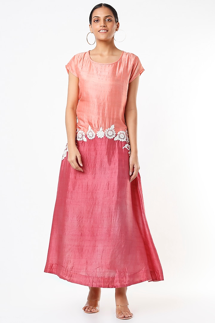 Peach & Dark Pink Hand Embroidered A-Line Kurta Dress by Bhusattva