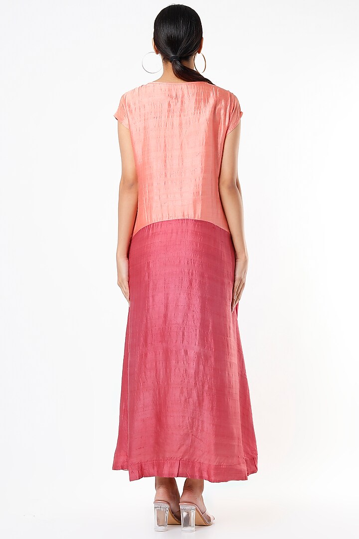 Peach & Dark Pink Hand Embroidered A-Line Kurta Summer Dress by Bhusattva at Pernia's Pop Up Shop