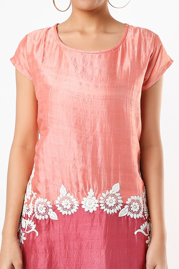 Peach & Dark Pink Hand Embroidered A-Line Kurta Summer Dress by Bhusattva at Pernia's Pop Up Shop