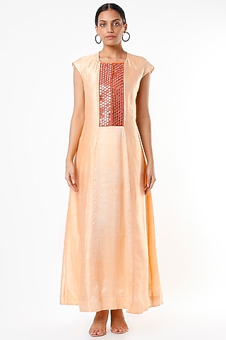 Peach Hand Embroidered A-Line Kurta Dress by Bhusattva
