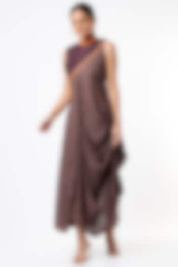 Brown Hand Embroidered Asymmetrical Draped Dress by Bhusattva