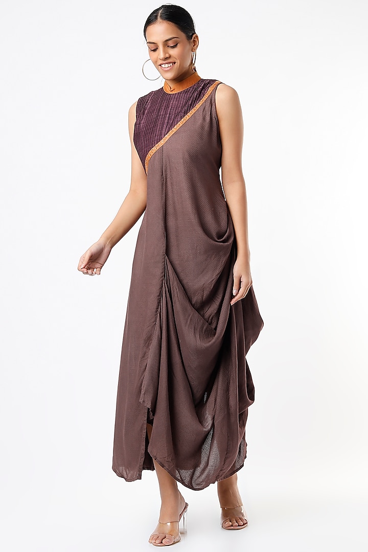 Brown Hand Embroidered Asymmetrical Draped Dress by Bhusattva at Pernia's Pop Up Shop