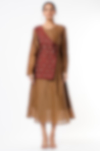 Light Brown & Maroon Hand Embroidered Flared A-Line Dress by Bhusattva