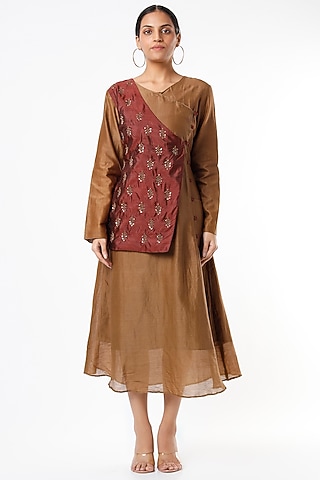 Light Brown & Maroon Hand Embroidered Flared A-Line Dress by Bhusattva