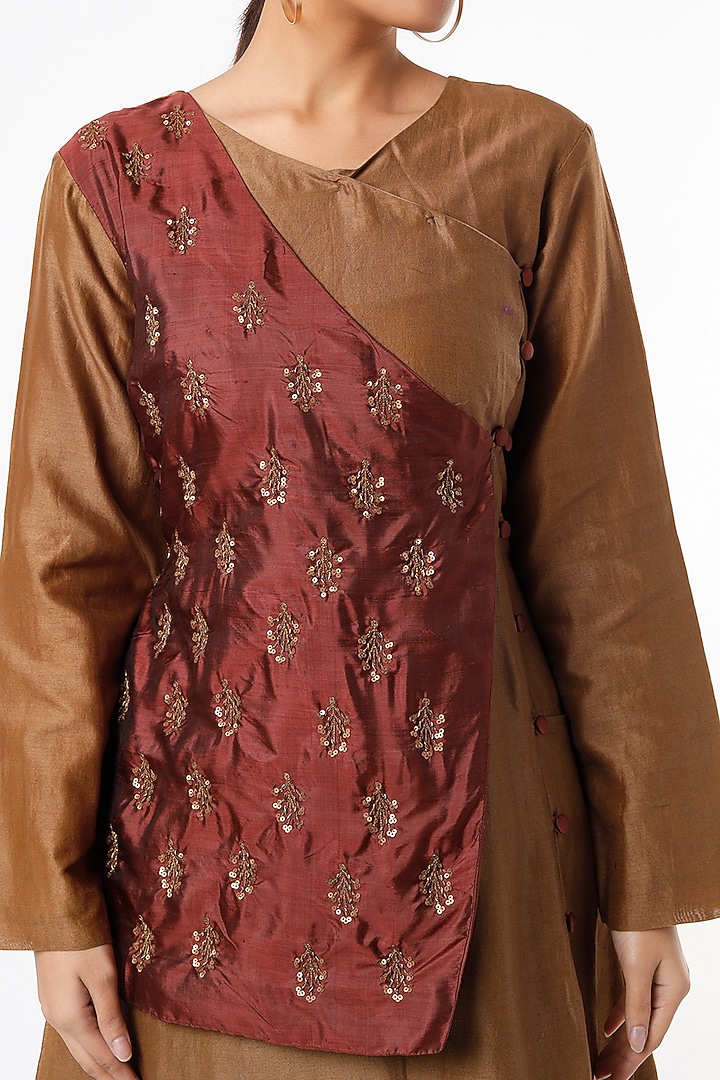Light Brown & Maroon Hand Embroidered Flared A-Line Summer Dress by Bhusattva at Pernia's Pop Up Shop