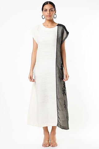 White & Black Hand Embroidered A-Line Kurta Dress by Bhusattva