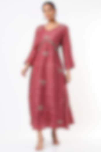 Rust Red Hand Embroidered A-Line Kurta Dress by Bhusattva