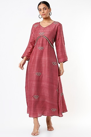 Rust Red Hand Embroidered A-Line Kurta Dress by Bhusattva