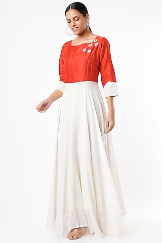 Electric Red & White Hand Embroidered Maxi Dress by Bhusattva