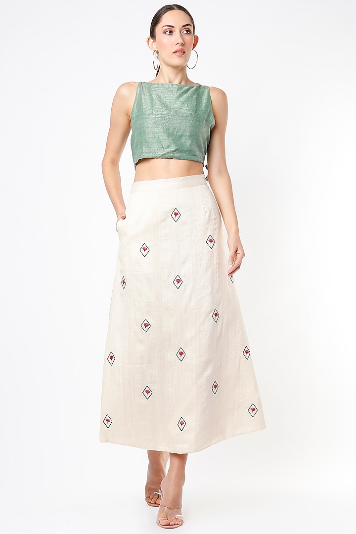 Light Beige Hand Embroidered A-Line Skirt Set by Bhusattva