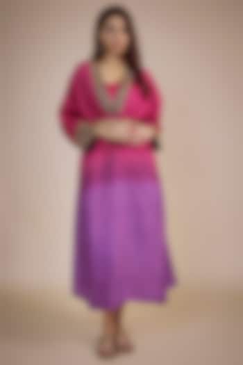 Magenta Pink & Purple Ombre Organic Silk Zardosi Hand Embroidered Kaftan Dress by Bhusattva