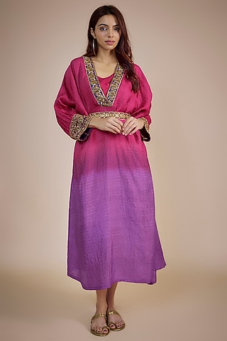 Magenta Pink & Purple Ombre Organic Silk Zardosi Hand Embroidered Kaftan Dress by Bhusattva