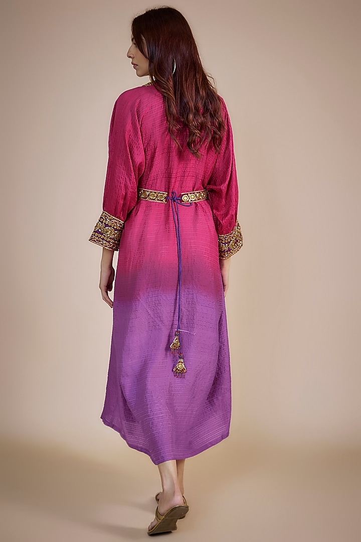 Magenta Pink & Purple Ombre Organic Silk Zardosi Hand Embroidered Kaftan Cocktail Dress by Bhusattva at Pernia's Pop Up Shop
