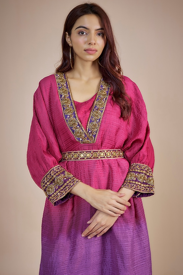 Magenta Pink & Purple Ombre Organic Silk Zardosi Hand Embroidered Kaftan Cocktail Dress by Bhusattva at Pernia's Pop Up Shop