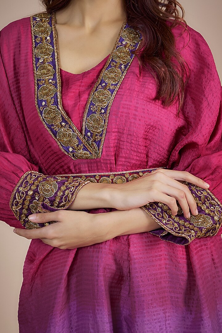 Magenta Pink & Purple Ombre Organic Silk Zardosi Hand Embroidered Kaftan Cocktail Dress by Bhusattva at Pernia's Pop Up Shop