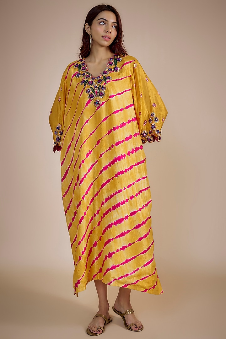 Pink & Marigold Organic Silk Mirror Hand Embroidered Leheriya Oversized Dress by Bhusattva