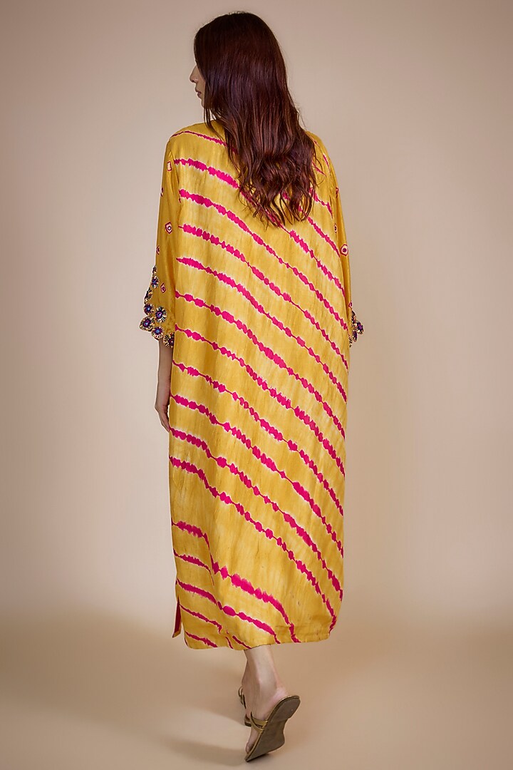 Pink & Marigold Organic Silk Mirror Hand Embroidered Leheriya Oversized Vacation Dress by Bhusattva at Pernia's Pop Up Shop