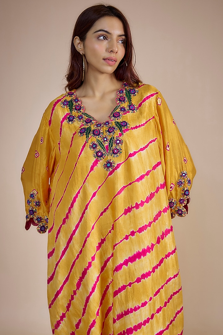 Pink & Marigold Organic Silk Mirror Hand Embroidered Leheriya Oversized Vacation Dress by Bhusattva at Pernia's Pop Up Shop
