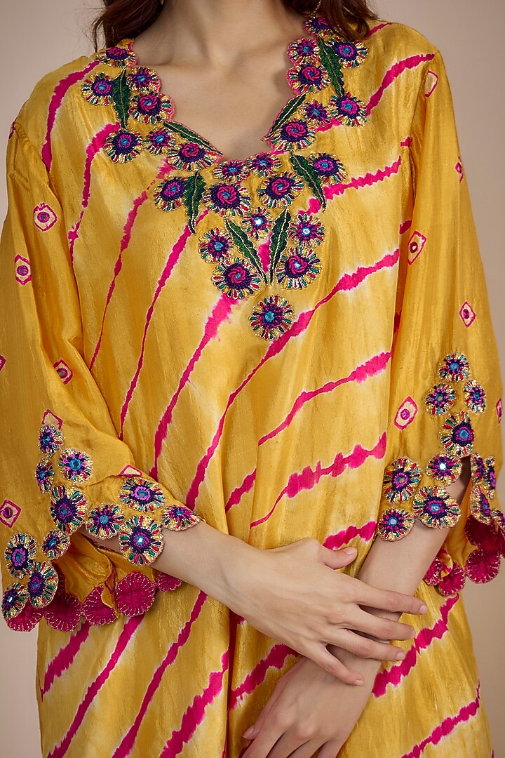 Pink & Marigold Organic Silk Mirror Hand Embroidered Leheriya Oversized Vacation Dress by Bhusattva at Pernia's Pop Up Shop
